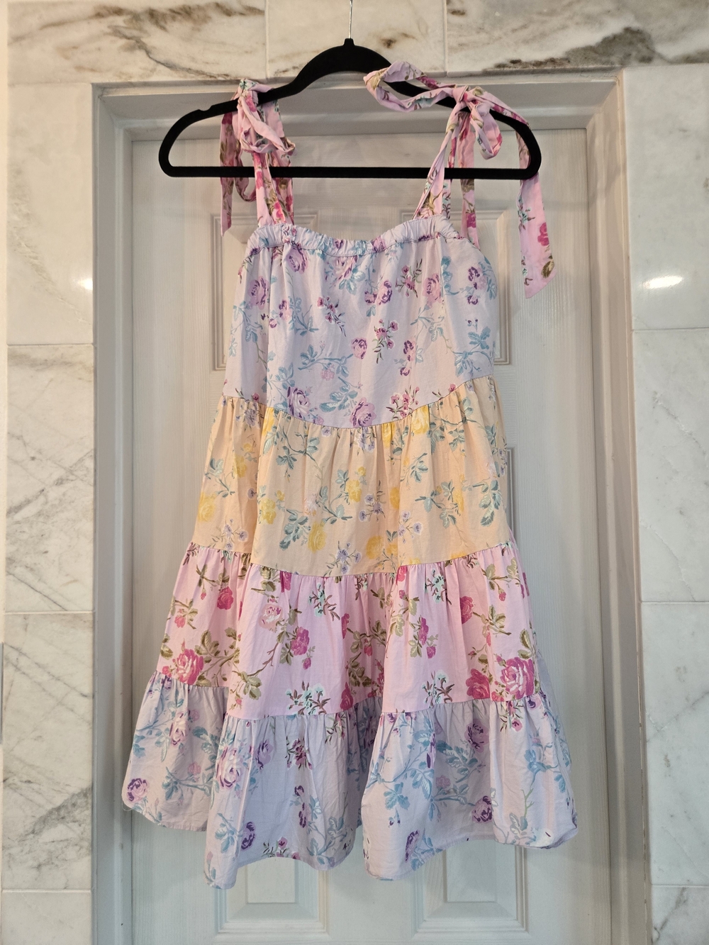 LoveShackFancy Pastel Floral Tiered Dress in Pink, Yellow, Light Blue